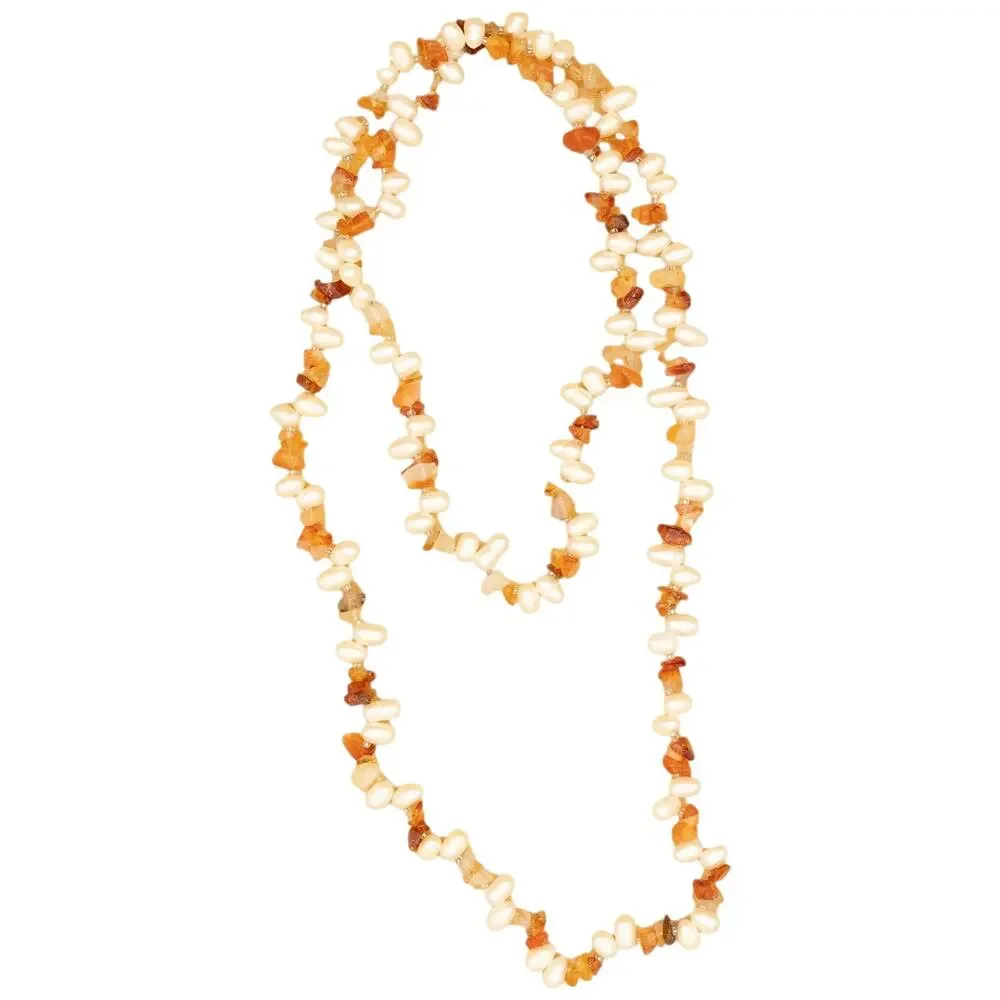 Vintage 90s Orange Citrine Cream Pearl Stone Necklace